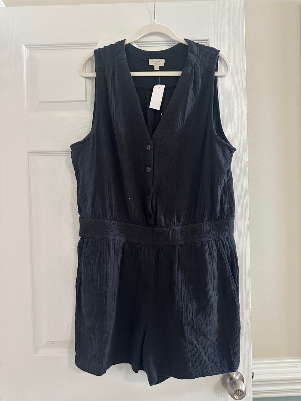 LOFT Black Sleeveless Button-Front Romper